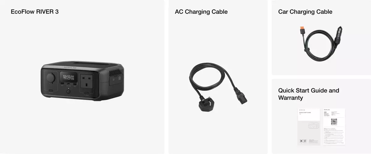 EcoFlow RIVER 3; AC Charging Cable; Car Charging Cable; Quick Start Guide and Warranty