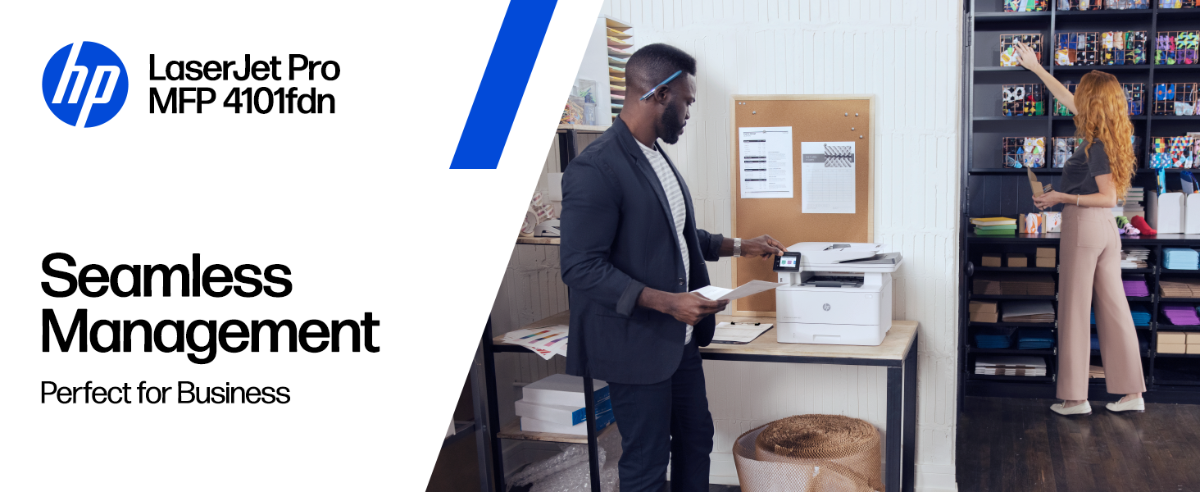 A professional retrieving a print from an HP LaserJet Pro MFP 4101fdn in a modern office.