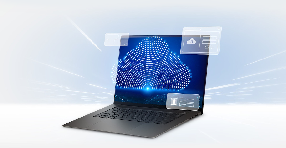 A laptop displaying a digital security interface with a lock icon on a cloud.