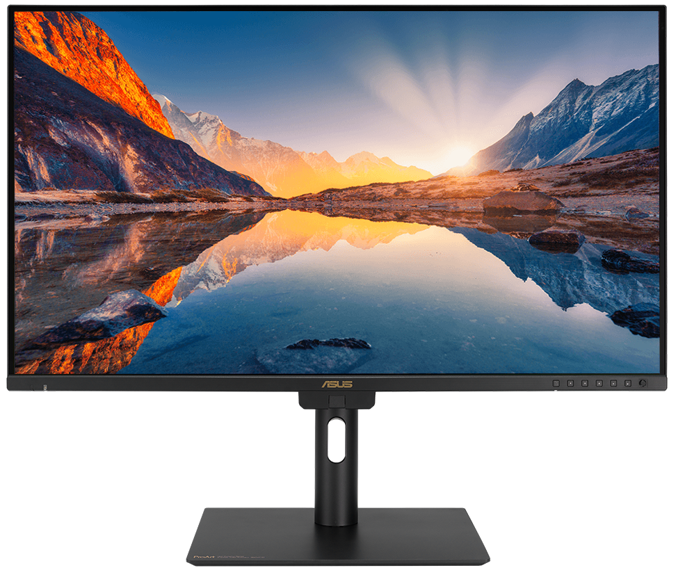 ProArt Display showing a high-contrast image of a lake and mountains