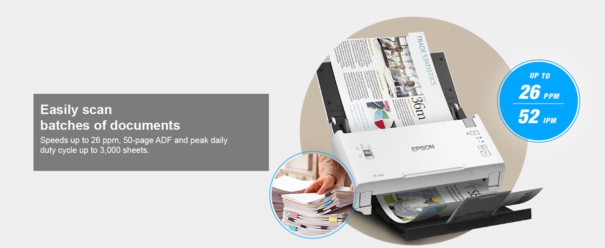 Easily scan batches of documents. Speeds up to 26 ppm, reliable paper feed, 50-page ADF and peak daily duty cycle up to 3,000 sheets.