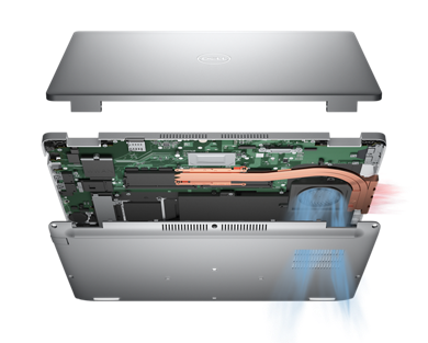 Image d’un ordinateur portable Dell Latitude 5430 démonté avec le produit à l’intérieur.