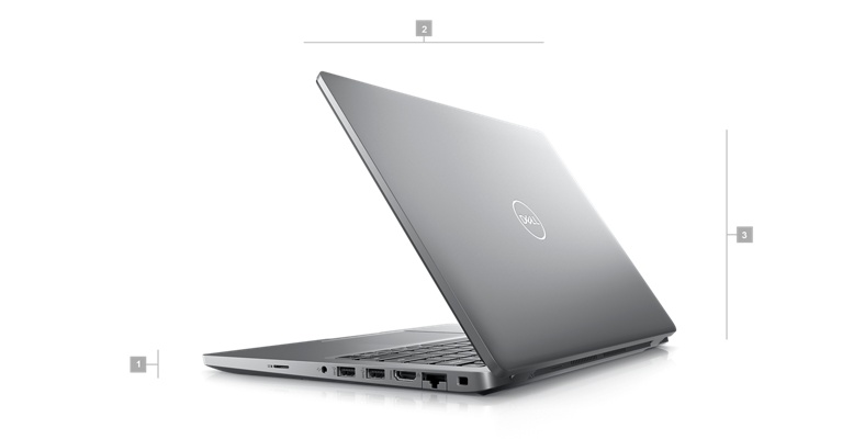 Imagen de una laptop Dell Latitude 5430 con la parte posterior visible y números del 1 al 3 que indican las dimensiones y el peso del producto.