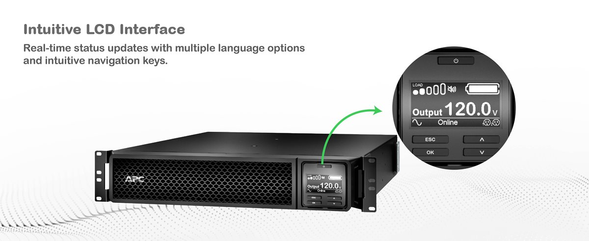 APC Smart-UPS On-Line SRT1000RMXLA-NC with LCD screen zoomed in