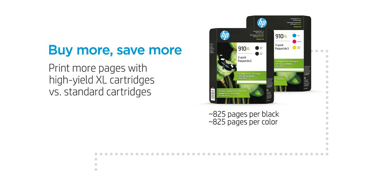 Buy more, save more when you print more pages with high-yield XL cartridges vs. standard cartridges: The 910XL Black 2-pack (2 XL Black) and the 910XL cmy 3-pack (1 XL cyan, 1 XL magenta, 1 XL yellow) get ~825 pages per Black & ~825 pages per Color.