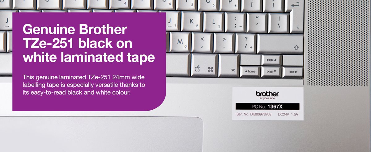 Genuine Brother TZe-251 black on white laminated tape