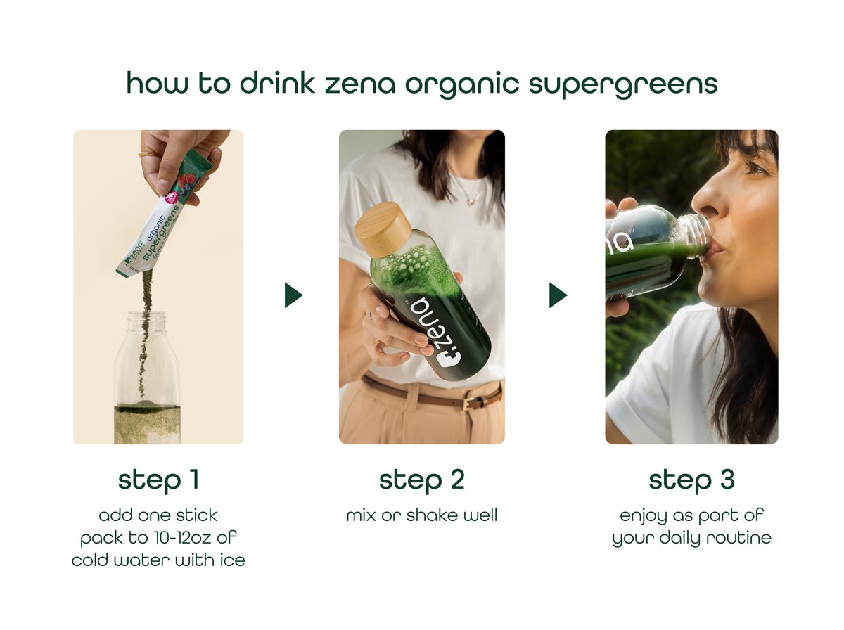3 Steps showing how to drink Zena Organic Supergreens