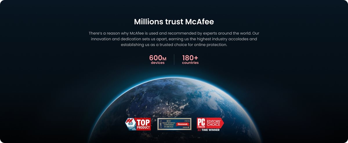 Millions trust McAfee with award icons below.