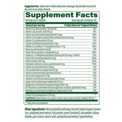 MegaFood Baby & Me 2 Prenatal Multi Minis Supplement Facts