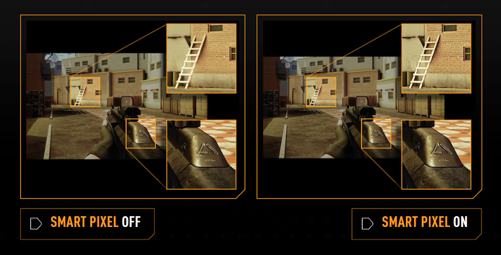 Here is the shortened English description in three lines: An in-game FPS screenshot labeled SMART PIXEL OFF/ON. Zoomed-in red boxes highlight blurry details on the wooden ladder and weapon.